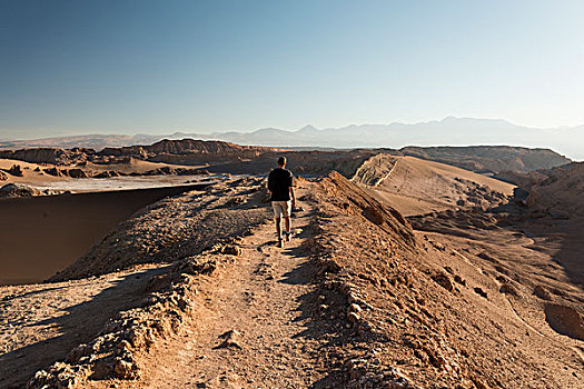 男人,远足,沙丘,山谷,月亮,阿塔卡马沙漠,智利