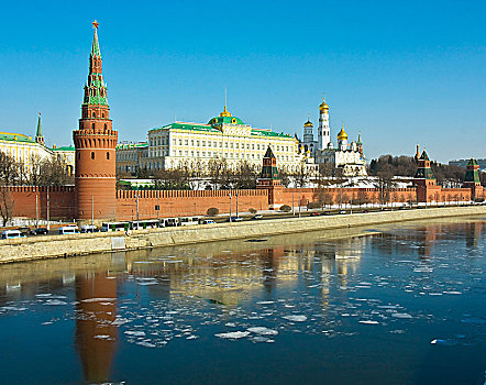 莫斯科,克里姆林宫,宫殿,大教堂,堤岸,河,冰,水,俄罗斯,欧洲