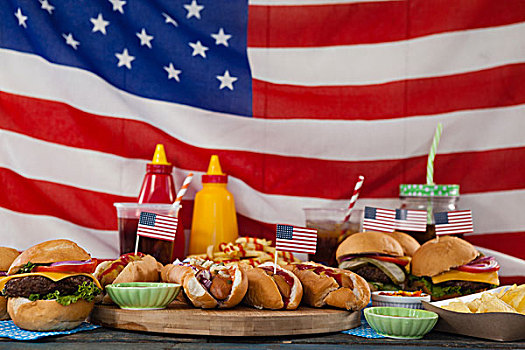 饮料,食物,放置,木桌子,美国国旗