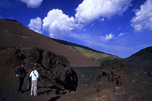 意大利,西西里,山,埃特纳火山,火山口,斜坡,火山岩,喷发,游客