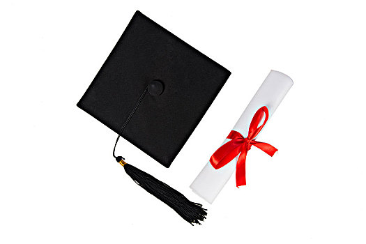 白色背景下的学士帽,毕业证书