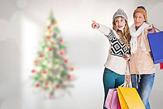 合成效果,图像,美女,女人,拿着,购物袋,指向,模糊,圣诞树,房间