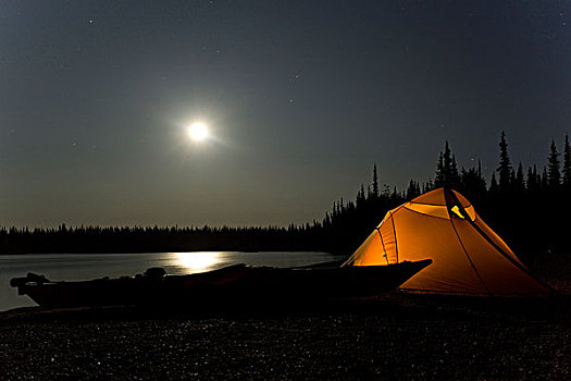 帐蓬,露营,剪影,漂流,月光,满月,倒影,后面,砾石,育空地区,加拿大