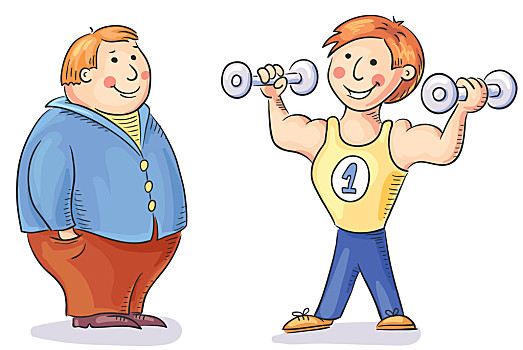 运动,体重,两个,卡通,男人