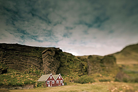 红色,房子,尖,屋顶,旁侧,石头,石台,冰岛