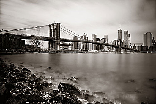 圆石滩,布鲁克林大桥,市区,曼哈顿,天际线,纽约