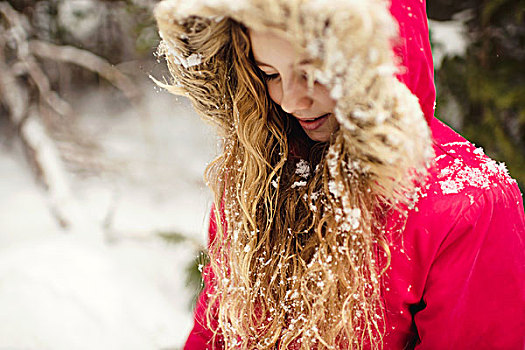 女孩,派克式大衣,雪,头发,俯视
