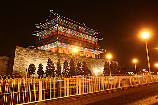 中国,北京,正阳门,天安门,广场,毛主席,五星红旗,华表,全景,地标,传统,夜景