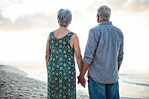 后视图,老年,夫妻,握手,海滩