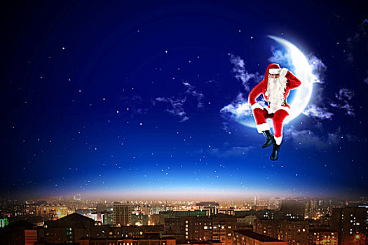 圣诞老人,月亮,高处,城市,夜晚