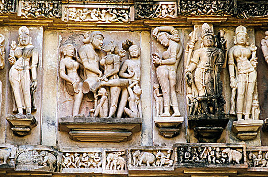 石头,雕刻,描写,场景,克久拉霍,庙宇,中央邦,印度,亚洲
