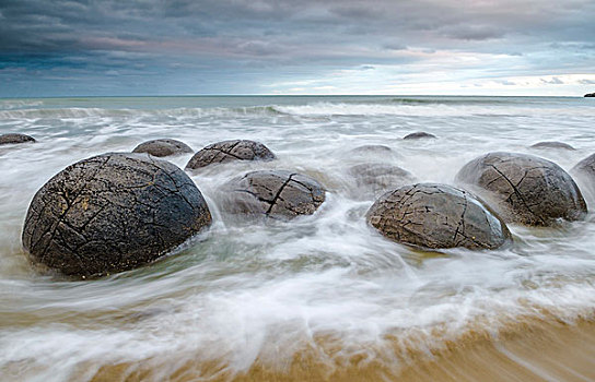 莫拉基圆石,地貌,圆,石头,球,洗,海浪,高,潮汐,沿岸,奥塔哥,南岛,新西兰,大洋洲