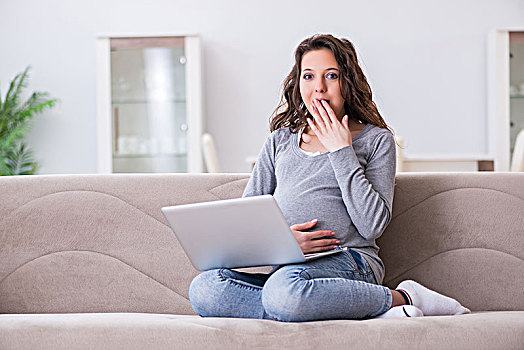 孕妇,工作,笔记本电脑,坐,沙发