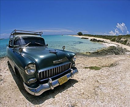 老爷车,干盐湖,柱子,海滩,岛屿,古巴