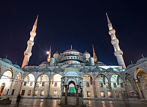 蓝色清真寺,苏丹艾哈迈德清真寺,清真寺,夜晚,藍色清真寺,欧洲,局部,伊斯坦布尔,土耳其,亚洲