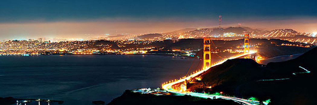 金门大桥,旧金山,夜晚,全景,山顶