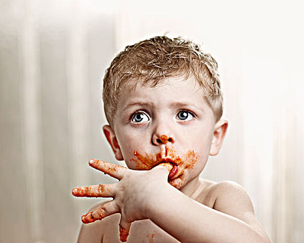幼儿,舔,番茄酱,大拇指