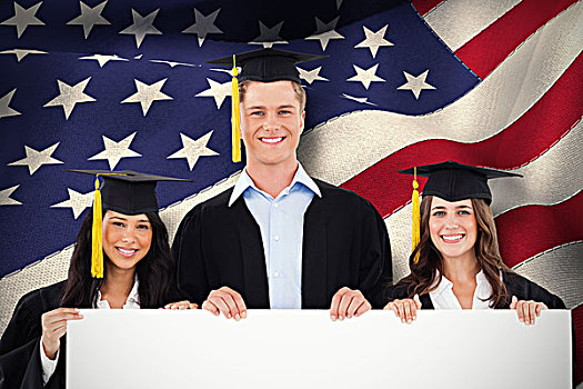 合成效果,图像,三个,学生,毕业,拿着,留白,海报,电脑合成,美国人,国旗
