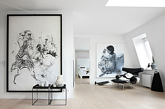 现代,公寓,哥本哈根,白色,墙壁,木地板,艺术,简约,风格,休息区,大,图片