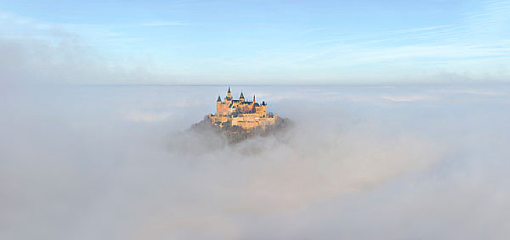 城堡,晨光,晨雾,巴登符腾堡,德国,欧洲