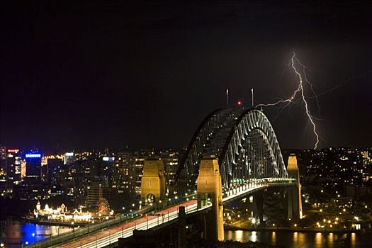 悉尼,澳大利亚,闪电,雷击,海港大桥,夜晚,风暴
