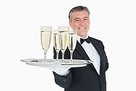 微笑,服务员,银色托盘,满,香槟酒杯