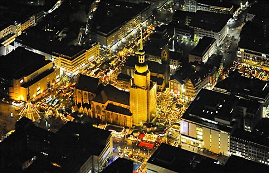 夜景,市中心,教堂,圣诞市场,街道,多特蒙德,鲁尔区,北莱茵威斯特伐利亚,德国,欧洲