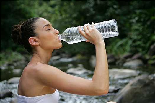 女人,头像,饮用水,瓶子,坐,河岸