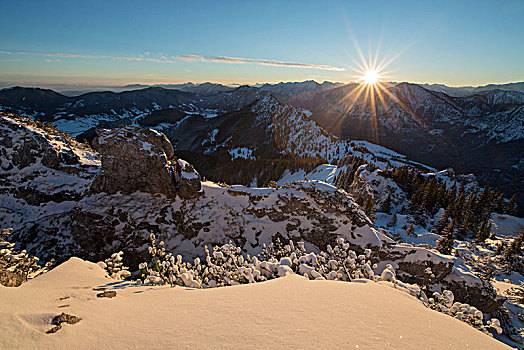日出,山,冬天,靠近,乌伯阿玛高,阿尔卑斯山,上巴伐利亚,巴伐利亚,德国