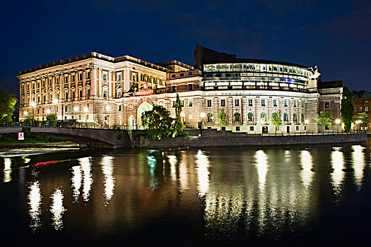 国会大厦,夜晚,斯德哥尔摩,瑞典