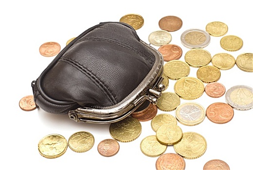 黑色,皮革,钱包,几个,欧元硬币,白色背景,背景