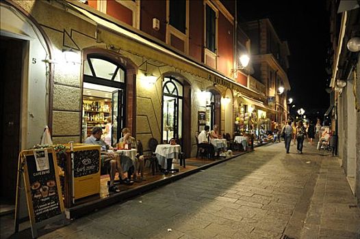 步行区,餐馆,夜晚,照片,里维埃拉,利古里亚,意大利,欧洲