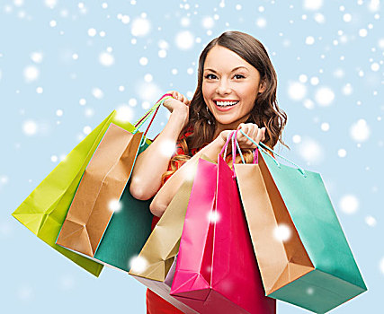 购物,销售,礼物,圣诞节,圣诞,概念,微笑,女人,红裙,购物袋