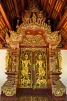 柚木,入口,大门,装饰,金箔,寺院,庙宇,清莱,省,北方,泰国,亚洲