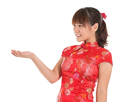 中国人,旗袍,女孩,展示,空,手掌