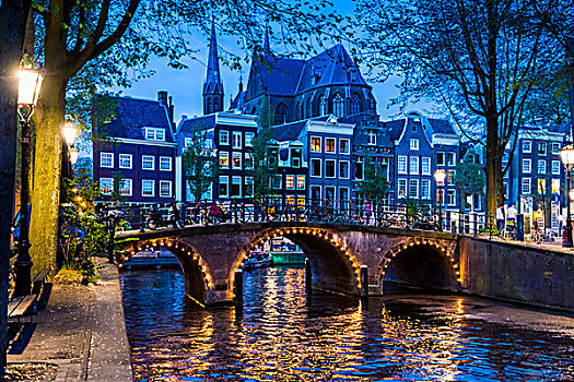 石桥,光亮,黄昏,运河,阿姆斯特丹,荷兰