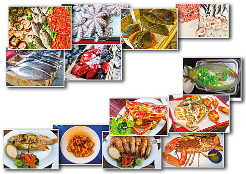海鲜,抽象拼贴画,生鱼,餐馆,餐具