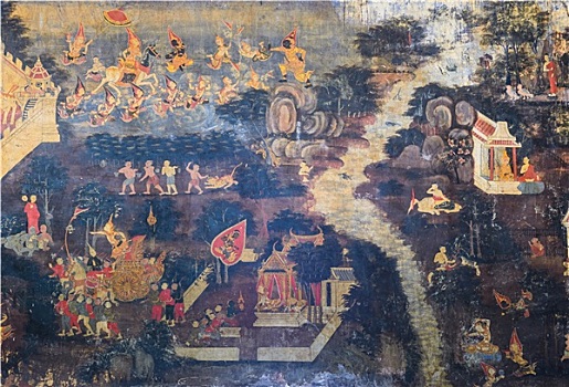 传统,泰国,壁画,生活,佛,庙宇,墙壁