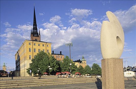 瑞典,斯德哥尔摩,老城,岛屿,全景,雕塑,钟楼,背影