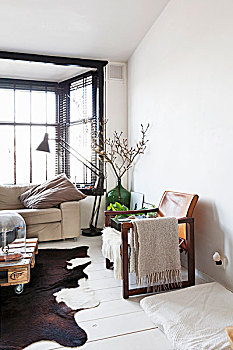 皮制扶手椅,木框,白色背景,木地板,复古,落地灯,正面,窗户