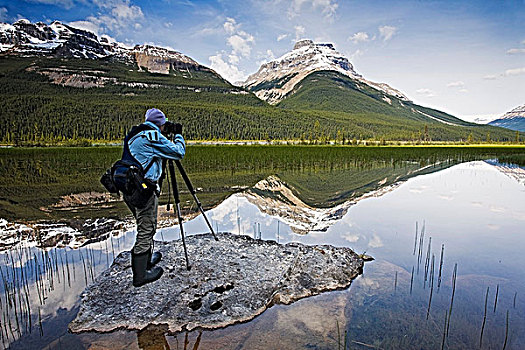 一个,摄影师,向上,早晨,风景,照相,壁,水塘,班芙国家公园,艾伯塔省,加拿大
