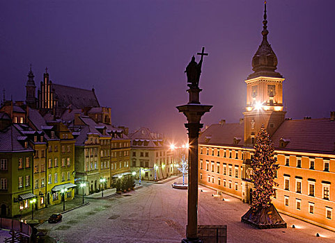 城堡广场,雪,夜景,华沙,波兰,欧洲