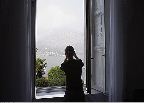女人,向外看,酒店,窗户,意大利