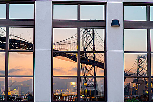 扭曲,反射,海湾大桥,日出,窗户,旧金山,加利福尼亚,美国