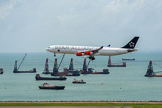 一架星空联盟涂装的北欧航空客机正降落在香港国际机场