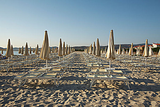 伞,折叠躺椅,海滩,早晨,萨丁尼亚,意大利,欧洲