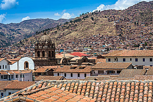 俯视,瓷砖,屋顶,山,远景,库斯科,秘鲁