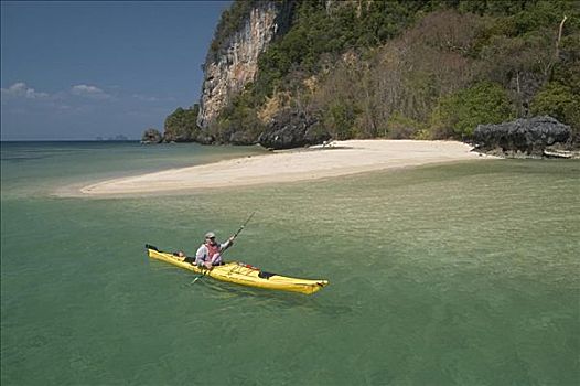 泰国,攀牙,湾,皮划艇手,短桨,青绿色,水,海滩,岛屿,背景