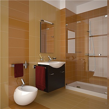 现代,浴室,橙色,砖瓦