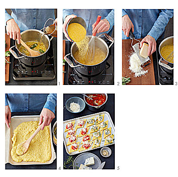 准备,烘制,玉米糊,西红柿,戈贡佐拉干酪